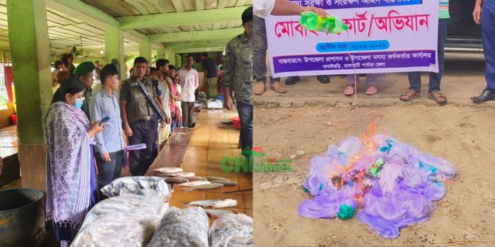বাঘাইছড়িতে মৎস্য রক্ষায় মোবাইল কোর্ট ,৬ জনকে জরিমানা, জব্দ নিষিদ্ধ কারেন্ট জাল