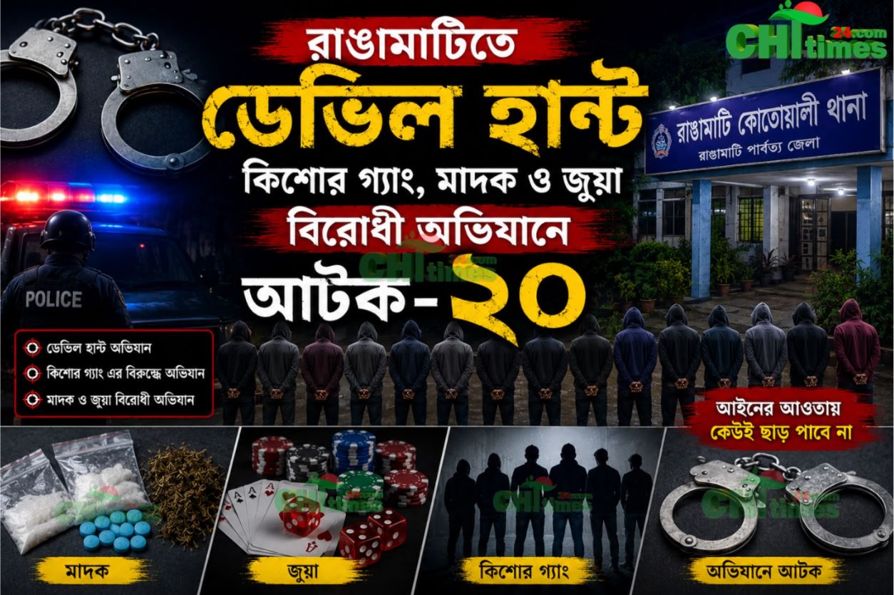 রাঙামাটিতে ডেভিল হান্ট, কিশোর গ্যাং,মাদক ও জুয়া বিরোধী অভিযানে আটক-২০