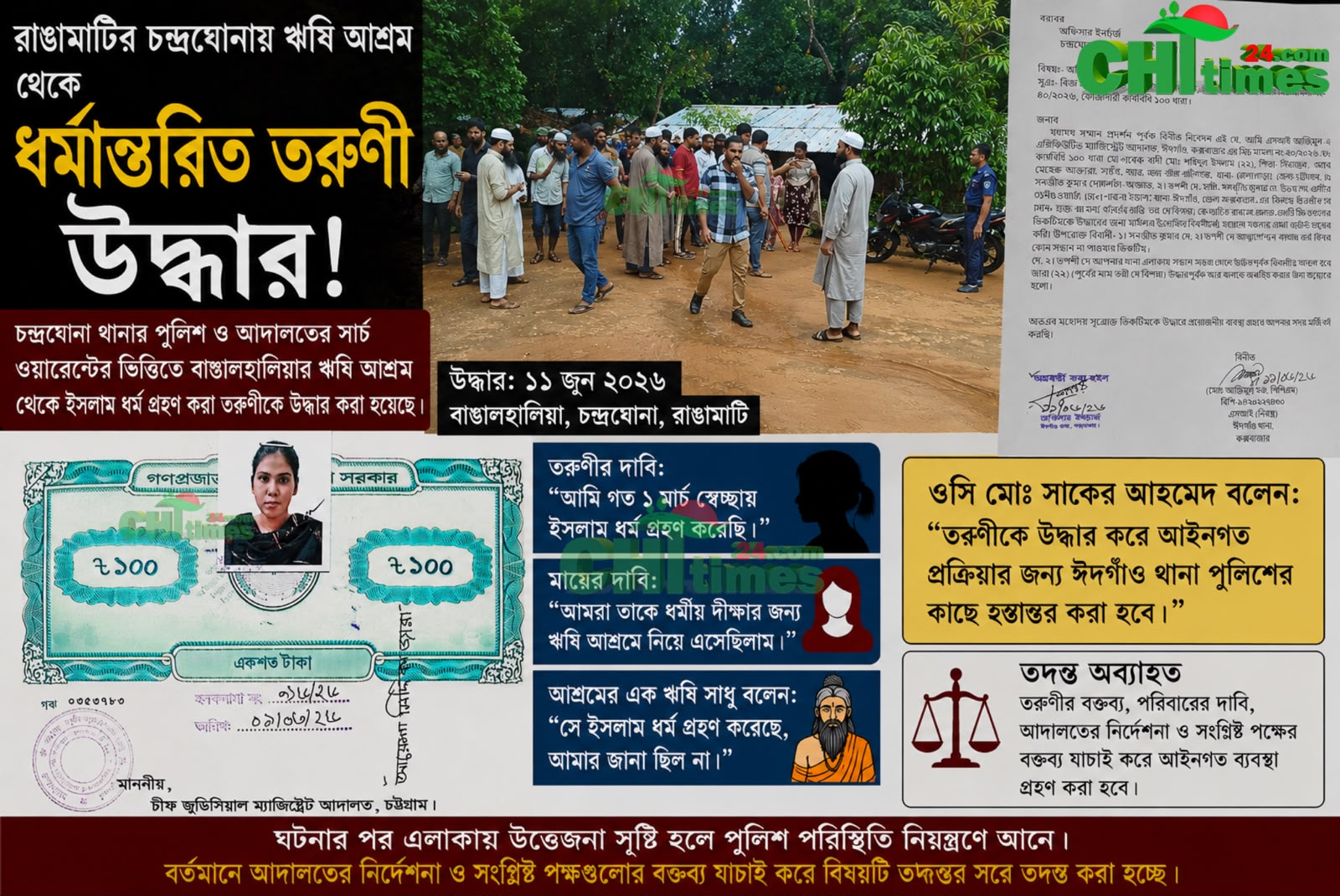 রাঙামাটির চন্দ্রঘোণায় ঋষি আশ্রম  থেকে ধর্মান্তরিত তরুণী উদ্ধার!
