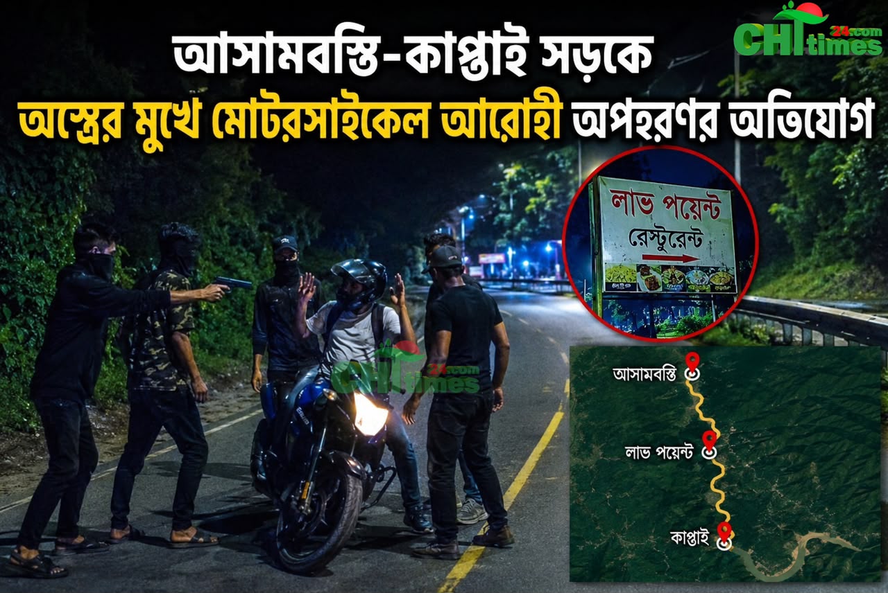 আসামবস্তি-কাপ্তাই সড়কে অস্ত্রের মুখে মোটরসাইকেল আরোহীকে অপহরনের অভিযোগ
