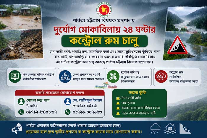 পাহাড়ে দুর্যোগ মোকাবিলায় ২৪ ঘণ্টার কন্ট্রোল রুম চালু, জরুরি সহায়তায় প্রস্তুত পার্বত্য মন্ত্রণালয়