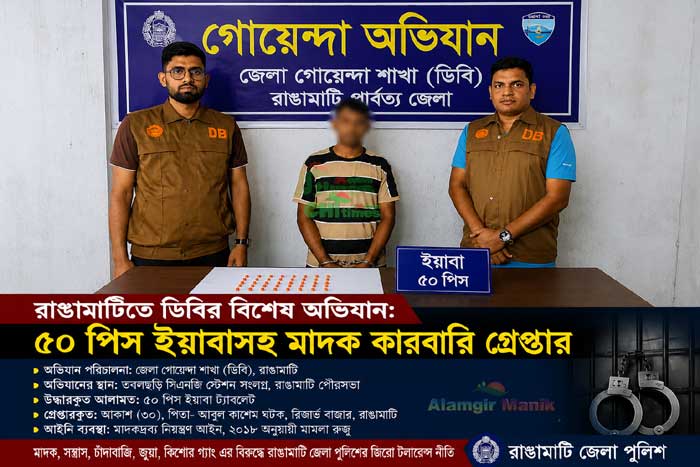 রাঙামাটিতে ডিবির জালে মাদক কারবারি, উদ্ধার ৫০ পিস ইয়াবা