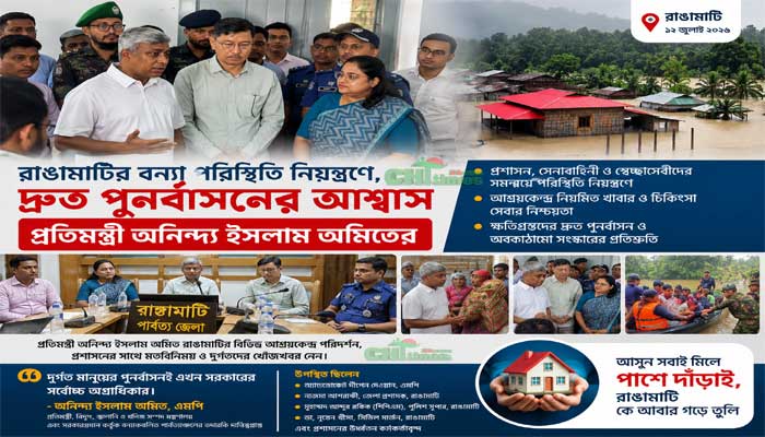 রাঙামাটির বন্যা পরিস্থিতি নিয়ন্ত্রণে, দ্রুত পুনর্বাসনের আশ্বাস প্রতিমন্ত্রী অনিন্দ্য ইসলাম অমিতের
