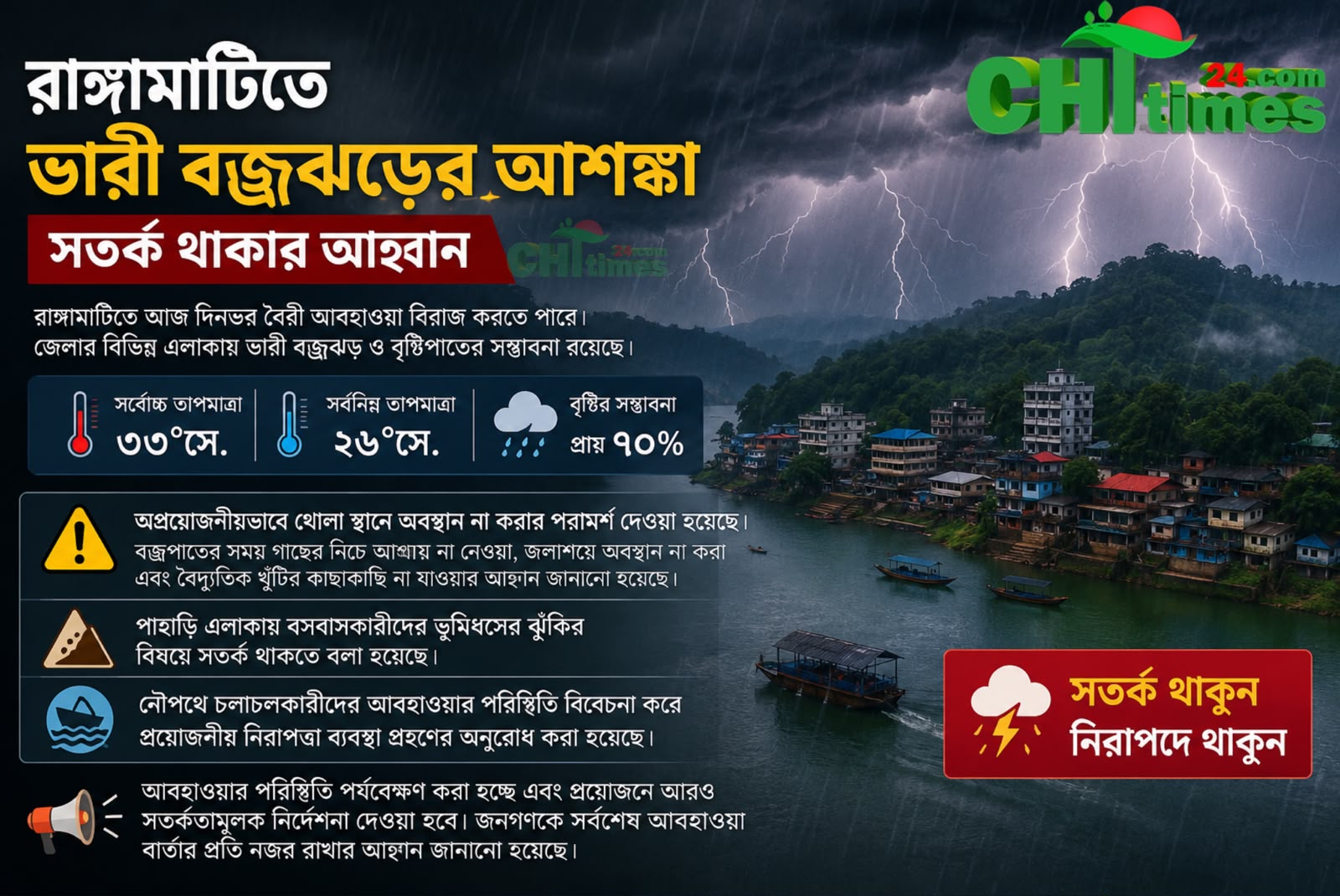 রাঙ্গামাটিতে ভারী বজ্রঝড়ের আশঙ্কা, সতর্ক থাকার আহ্বান